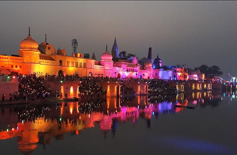 This is river with colorful lighting at Ram Mandir Ayodhya